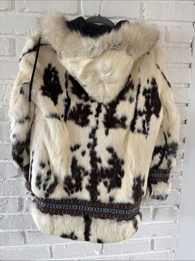 Vintage Ivory and Brown Rabbit Fur Zip-Front Jacket with Embroidered Trim S
